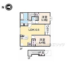 JR北陸本線 長浜駅 徒歩24分の賃貸アパート 2階2LDKの間取り