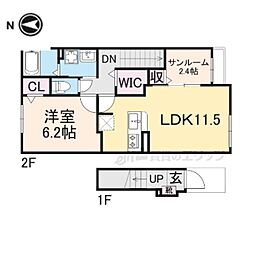 JR草津線 三雲駅 5kmの賃貸アパート 2階1LDKの間取り