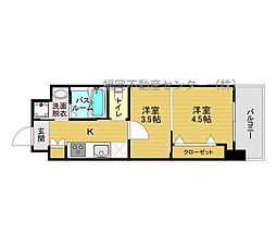 福岡市地下鉄箱崎線 貝塚駅 徒歩12分の賃貸マンション 13階2Kの間取り