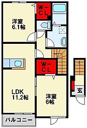 JR鹿児島本線 海老津駅 徒歩24分の賃貸アパート 2階2LDKの間取り