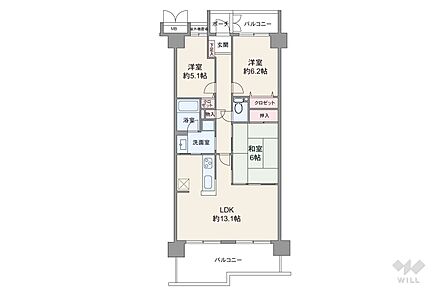 間取りは専有面積72.59平米の3LDK。バルコニー面積は16.31平米(概算)です。