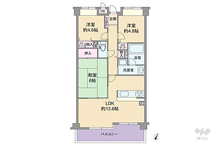 間取りは専有面積63.91平米の3LDK。横長リビングのプラン。バルコニー面積は8.92平米です。
