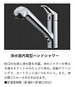 蛇口の先端に浄水器を内蔵。浄水器ごとホースを引き出せるので水回りをきれいに保てます。
