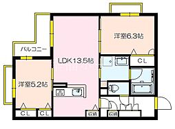 シンワマンションeins 3階2LDKの間取り