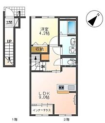 JR川越線 指扇駅 徒歩10分の賃貸アパート 2階1LDKの間取り