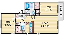 ル・レーヴ吹田山手町 1階2LDKの間取り