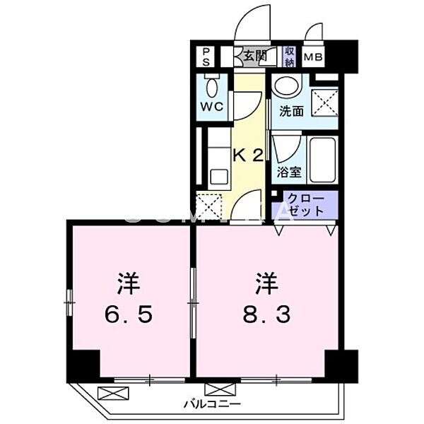 ラフィネ医大東 ｜岡山県岡山市北区清輝橋3丁目(賃貸マンション2K・3階・40.81㎡)の写真 その2