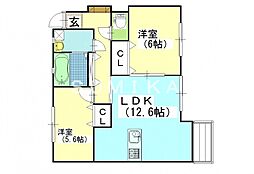 グランアベニュー国富2 2LDKの間取図画像