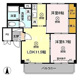 グランデュール高柳A棟 2LDKの間取図画像