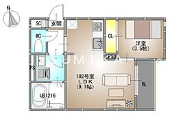 岡山市北区奥田南町アパート 1LDKの間取図画像