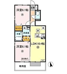 ラウレア福田B 2LDKの間取図画像