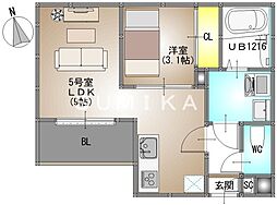 岡山市北区富田アパート 1LDKの間取図画像