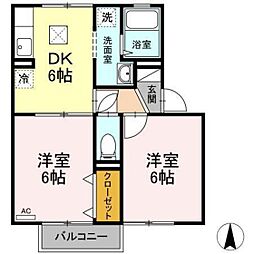 イーストヴィレッジB 2DKの間取図画像