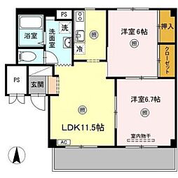 グランデュール高柳B棟 2LDKの間取図画像