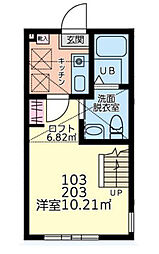 デンプシーヒル本厚木 2階1Kの間取り