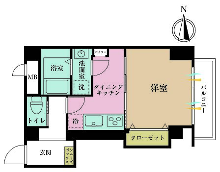 1DK、専有面積33.34m2、バルコニー面積3.61m2