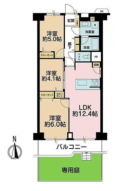 3LDK、専有面積61.6?、バルコニー面積7.6?