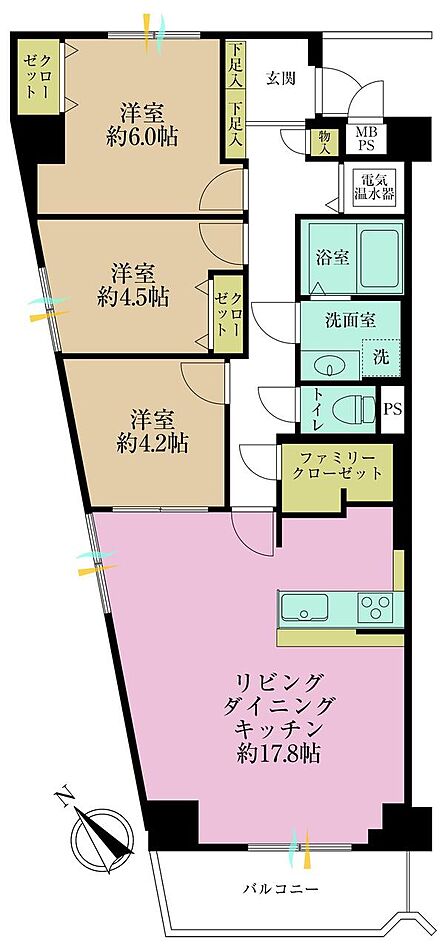 3LDK、専有面積77.87?、バルコニー面積6.05?