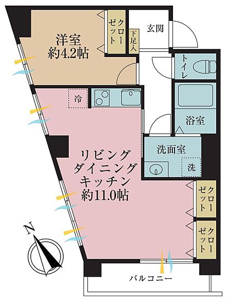 1LDK、専有面積41.64?、バルコニー面積4.9?