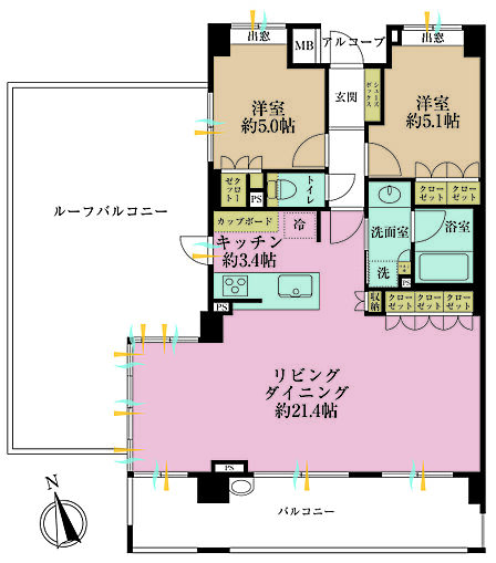2LDK、専有面積72.56?、バルコニー面積11.7?