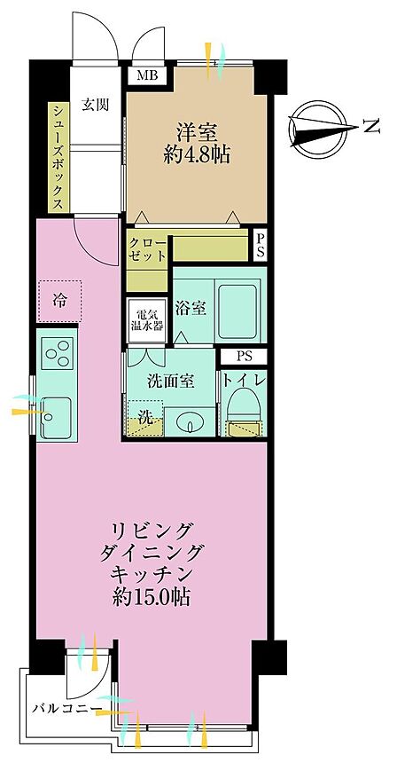 1LDK、専有面積45.76?、バルコニー面積2.54?