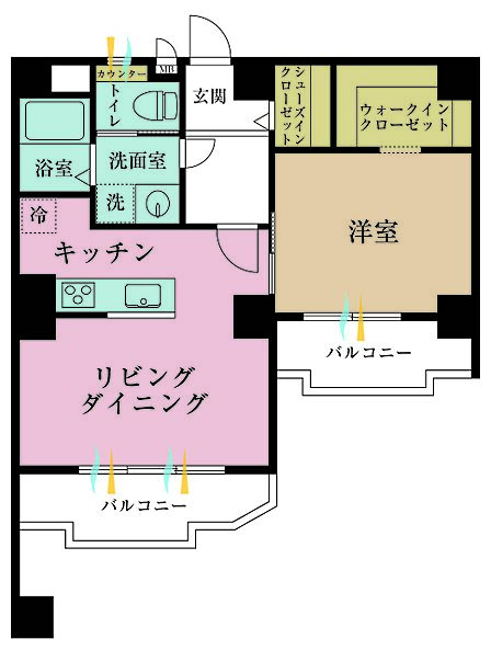 1LDK、専有面積45.84?、バルコニー面積8.76?