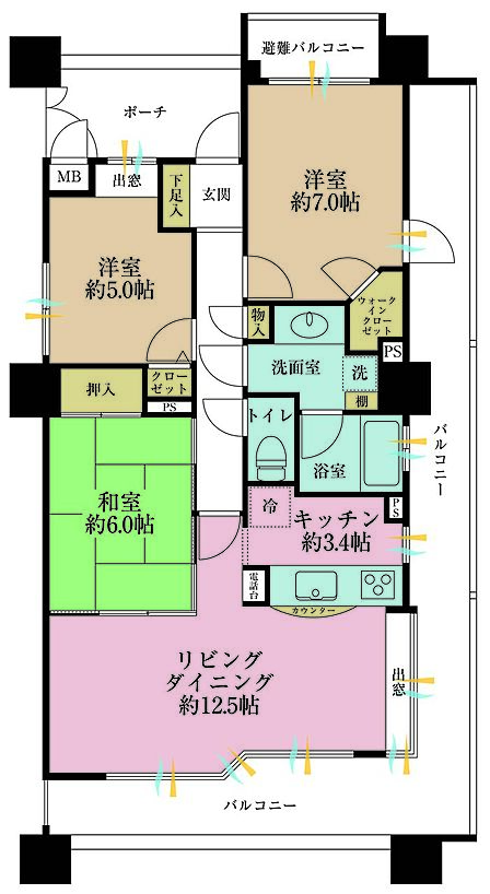 3LDK、専有面積75.63?、バルコニー面積28.65?