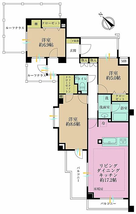 3LDK、専有面積91.8?、バルコニー面積11.65?