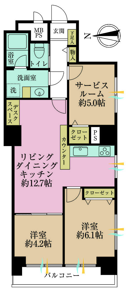 2LDK+S、専有面積63.86?、バルコニー面積4.92?