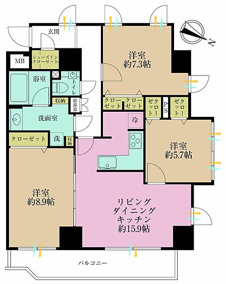 3LDK、専有面積86.44?、バルコニー面積10.62?
