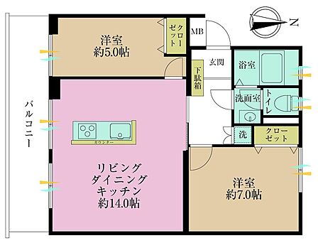 2LDK、専有面積55.63?、バルコニー面積10.95?