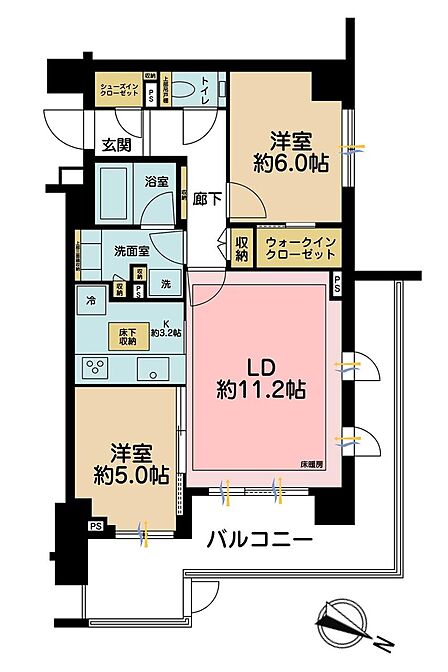 2LDK、専有面積60.56?、バルコニー面積18.57?