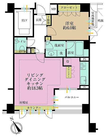 1LDK、専有面積57.14?、バルコニー面積6.6?