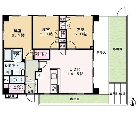 専有庭付きの3LDK。開放感ある角部屋で、2面採光のお部屋あり。ファミリー安心の階下なし住戸です。
