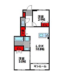 西鉄貝塚線 西鉄新宮駅 徒歩7分の賃貸アパート 1階2LDKの間取り