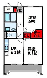 ジュネスパラシオン豊原2 2DKの間取図画像