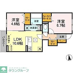 プランドールD 1階2LDKの間取り
