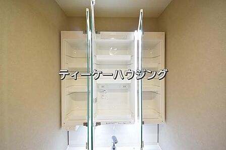 三面鏡の裏には収納がたっぷり。洗面室をすっきりきれいに使えます。