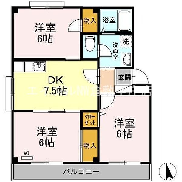 小野マンション ｜岡山県倉敷市老松町2丁目(賃貸マンション3DK・3階・55.23㎡)の写真 その2