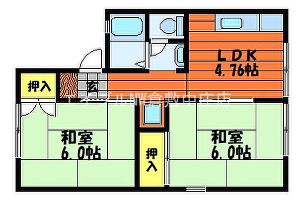 セジュール金光Ａ ｜岡山県倉敷市福田町浦田(賃貸アパート2DK・2階・40.35㎡)の写真 その2