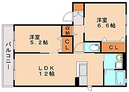 カーサアッコッリェンテ野見山 2階2LDKの間取り