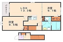 JR筑豊本線 飯塚駅 4kmの賃貸アパート 2階2LDKの間取り