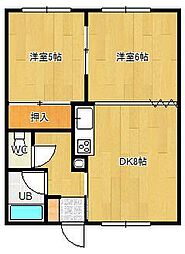 北庄ハイツ 2DKの間取図画像