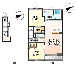 グランディール中広II 2階2LDKの間取り