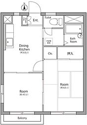 JR横浜線 橋本駅 3.2kmの賃貸マンション 2階2DKの間取り