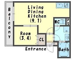 ジーメゾン池田旭町 2階1LDKの間取り