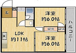 グリーンスクエア三ツ島 4階2LDKの間取り