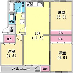 神陵台西住宅62号棟 3LDKの間取図画像