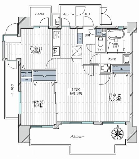 専有面積:63.64m2 バルコニー面積:21.9m2 南向き7階角住戸 4面バルコニー 新規リノベーション済み
