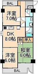 スカイハイツYOSHIMI 5階3DKの間取り